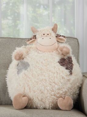 Mina Victory Round Cow Plush Animal Pillow - Cream with Brown Accents